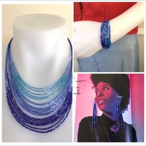 Y2K blue bugle beads necklace bracelet earrings jewelry set